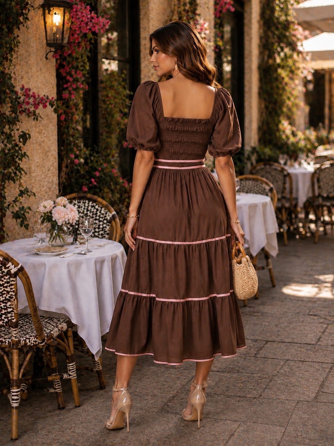 Women’s Brown/Pink Square Neck Puff Sleeve Smocked Bow Trim A-Line Midi Dress