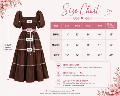 Women’s Brown/Pink Square Neck Puff Sleeve Smocked Bow Trim A-Line Midi Dress