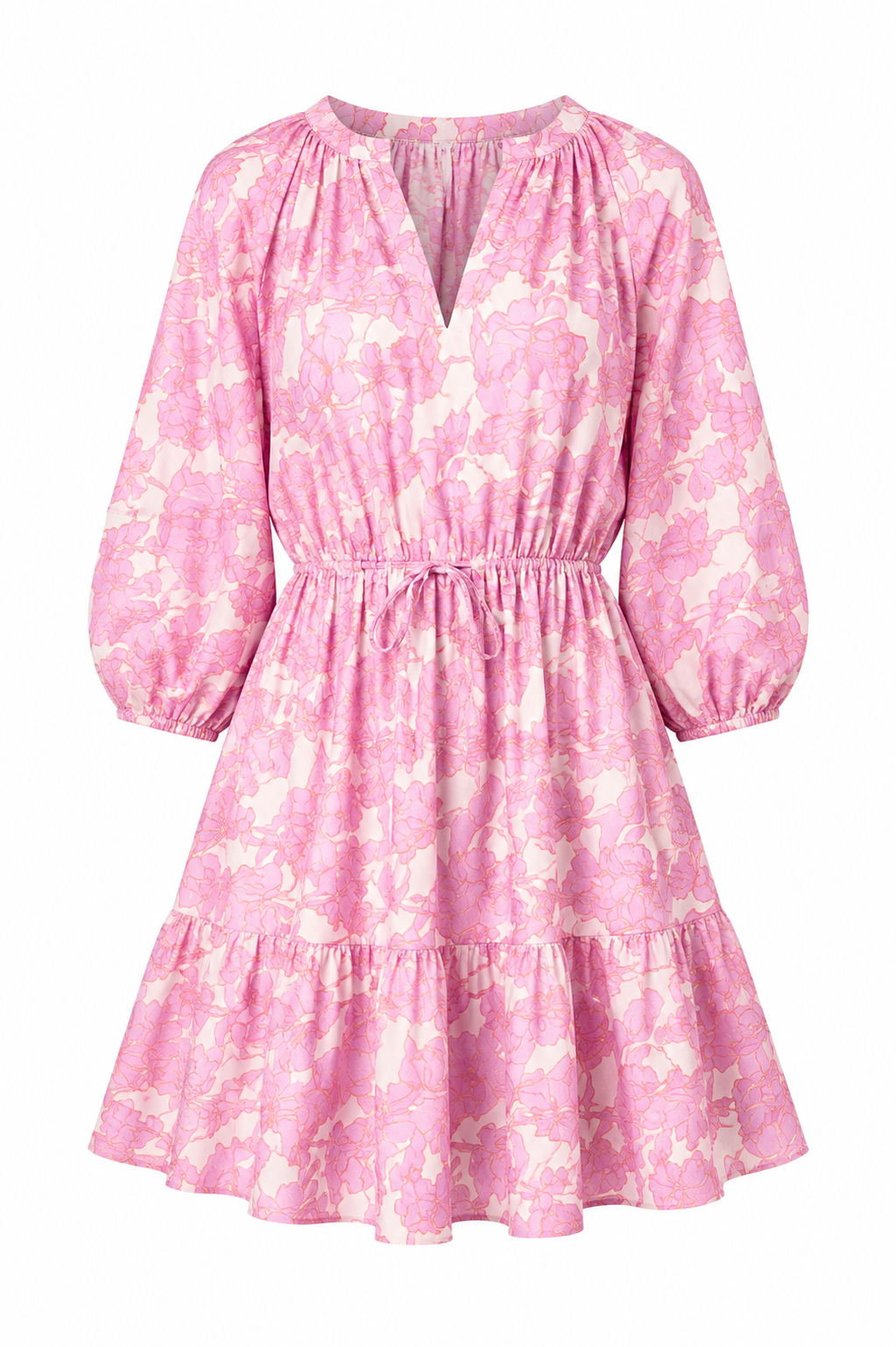 Women’s Purple/Pink/White Floral V-Neck Ruffle Mini Dress 3/4 Balloon Sleeve