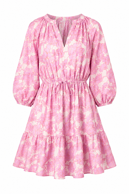 Women’s Purple/Pink/White Floral V-Neck Ruffle Mini Dress 3/4 Balloon Sleeve