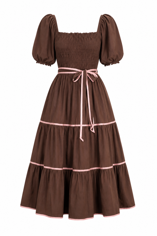 Women’s Brown/Pink Square Neck Puff Sleeve Smocked Bow Trim A-Line Midi Dress