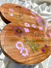 Load image into Gallery viewer, Heart Shaped Purple Flower Charcuterie Board | Silver Glitter Frosted Floral Resin Board | Serving Tray | Cheese Board | Wild Flower