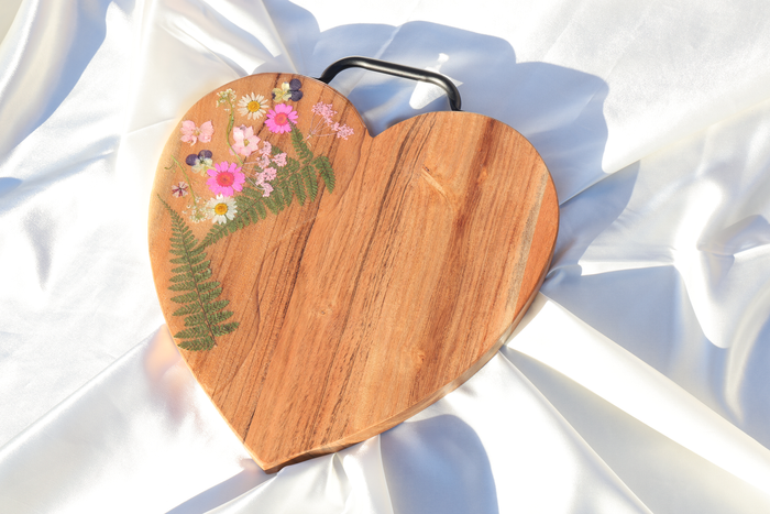 Heart Shaped Pink Flower Charcuterie Board | Floral Resin Board | Serving Tray | Cheese Board | Wild Flower